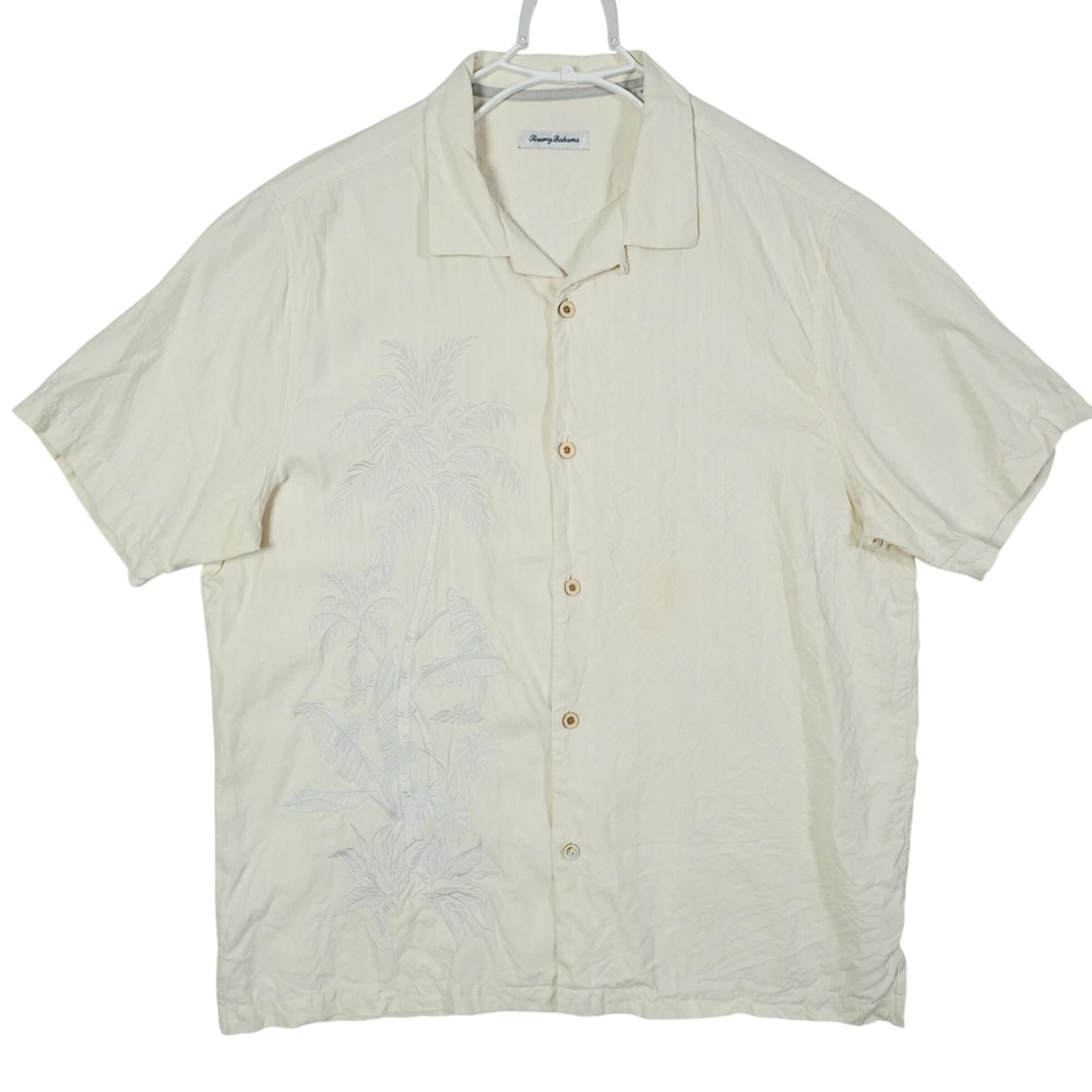 Tommy Bahama TB93 Mens XL Silk Camp Shirt Cream Embroidered Palm Tree - READ